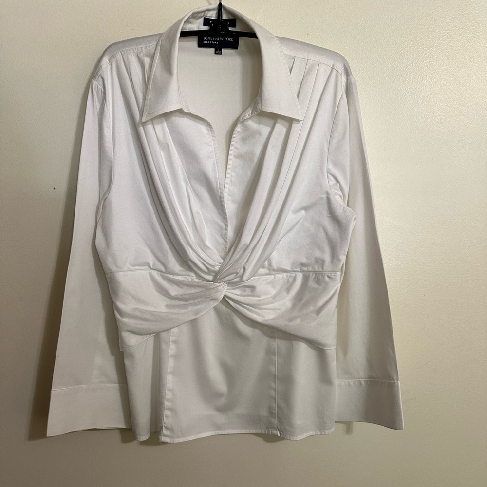 Jones New York Signature Cotton Stretch White Twist Knot 3/4 Sleeve Top, Size L